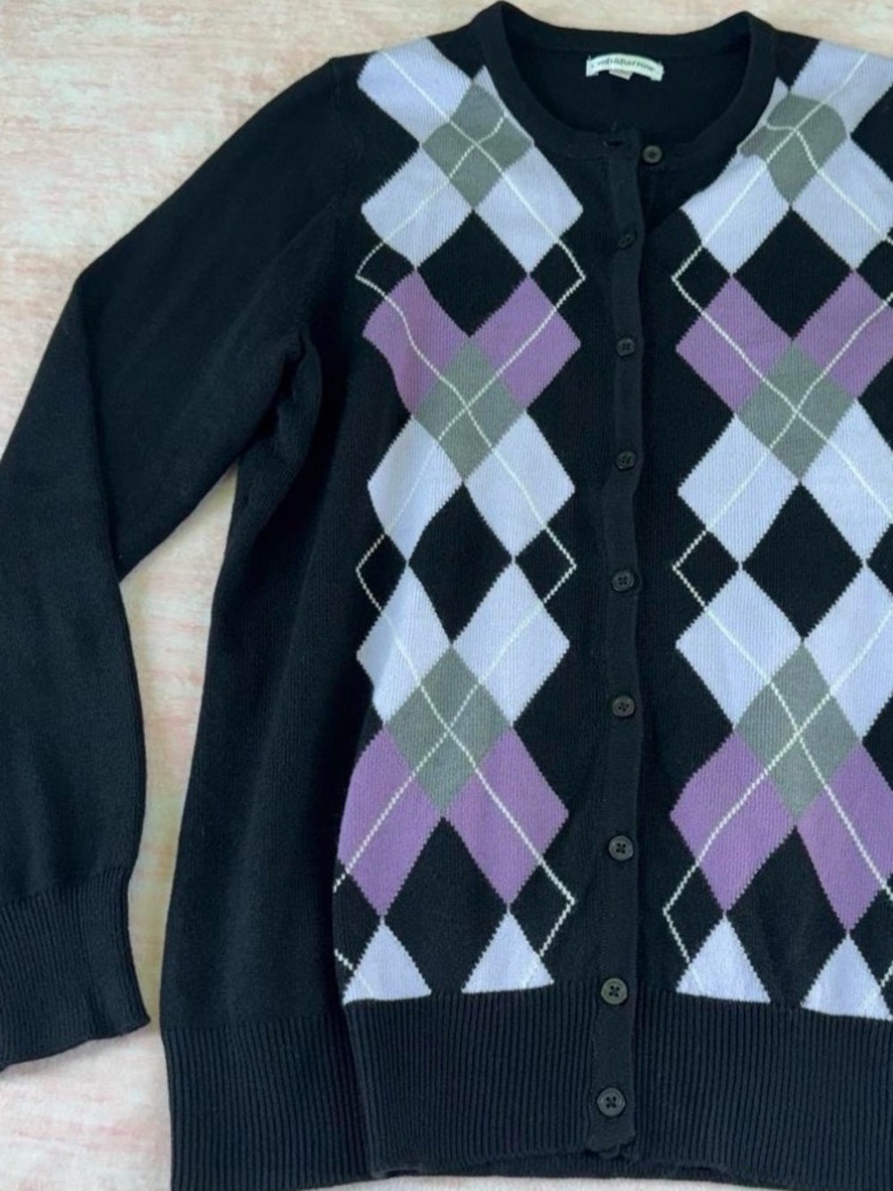 Black Lavender Gray Argyle Lightweight Button Down Cardigan Sweater Career XL - Picture 4 of 7
